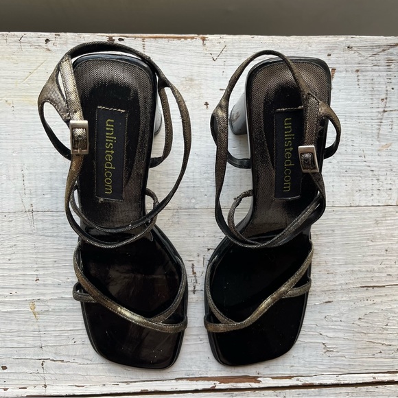 Vintage Y2K unlisted Metallic Strappy Square Toe Chunky Heel - Picture 2 of 15